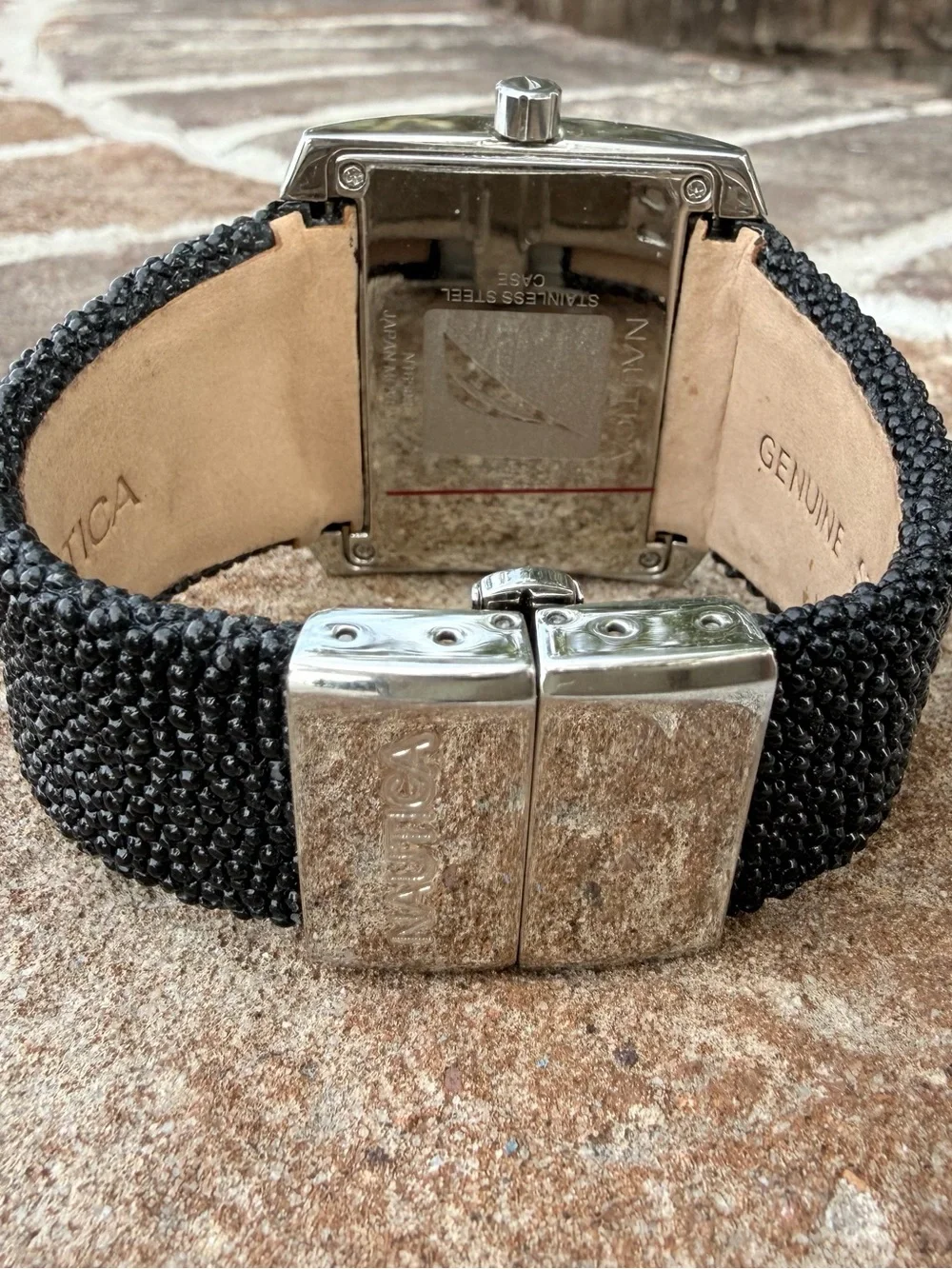 Nautica Silver Rectangular Watch with Black Beaded Strap